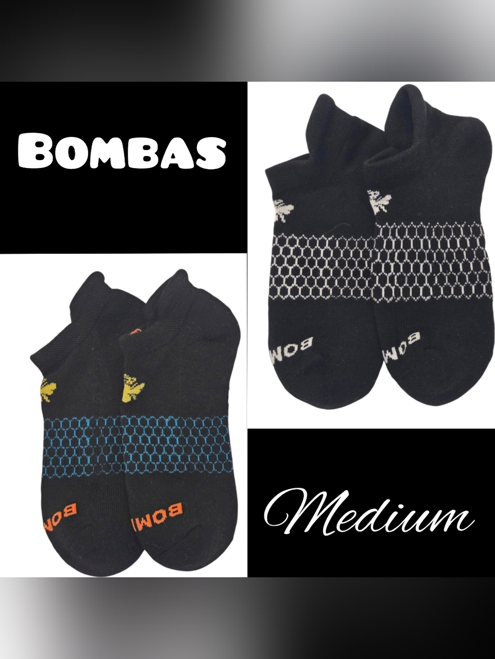 Bombas Ankle Socks Medium 2 Pair Unisex Womens & Mens Honeycomb Black/White/Blue